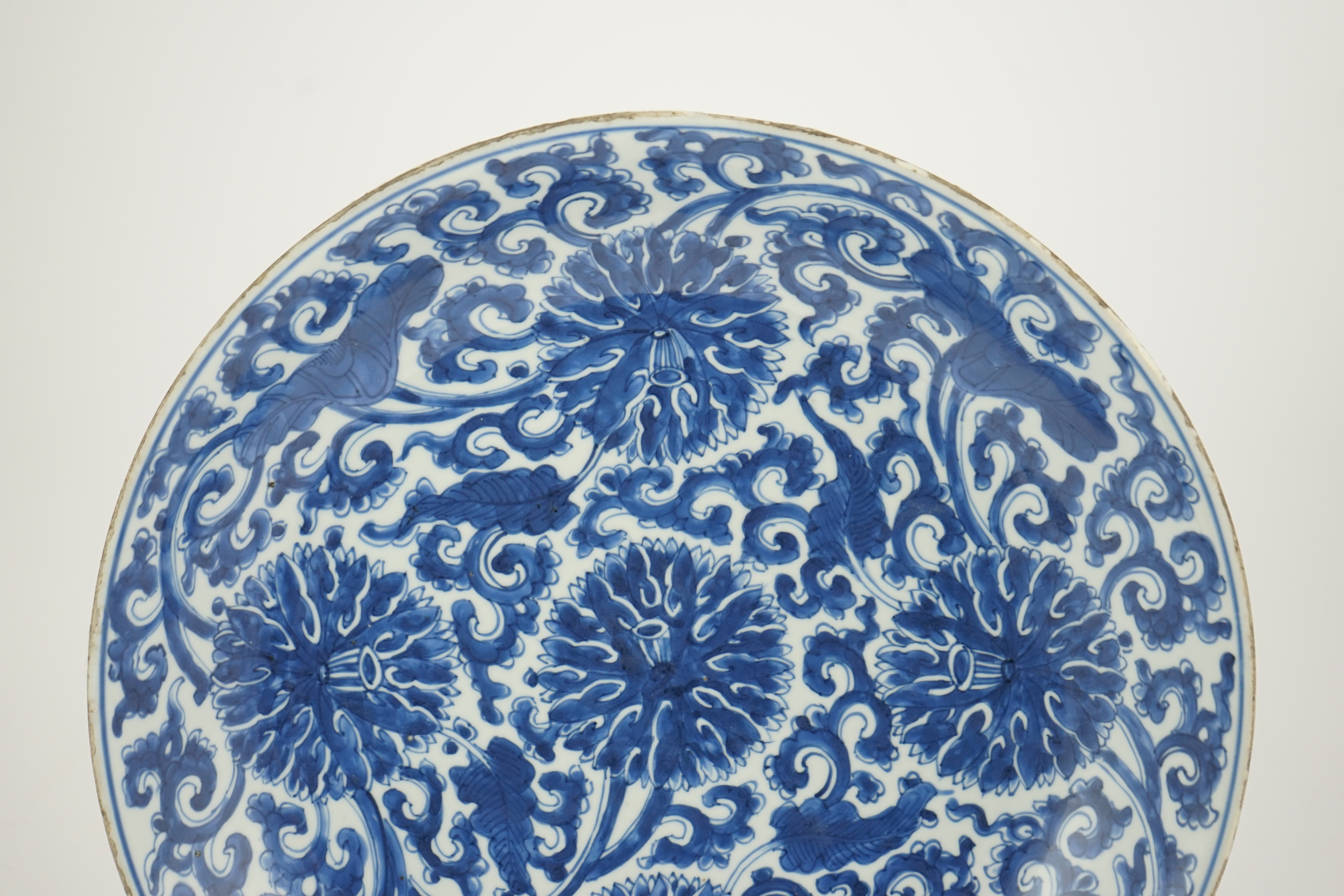 A large Chinese blue and white ‘lotus’ dish, Kangxi period